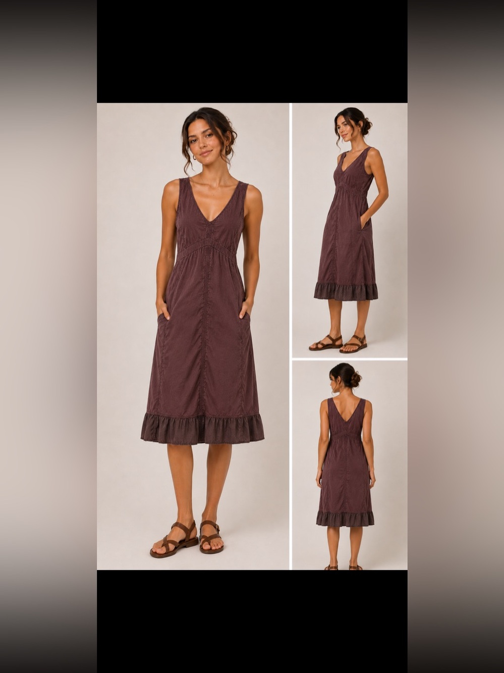 Sleeveless V-Neck Boho  Lagen look Midi Dress in Deep Plum Cotton Italy